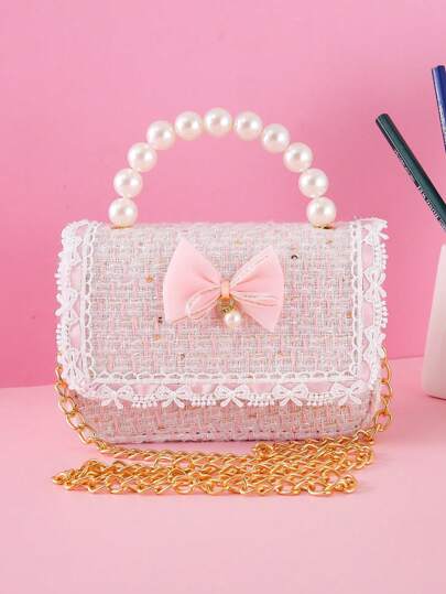 1 件儿童串珠手提包蕾丝花边装饰蝴蝶结吊坠珠子贴花亚麻亮片材料带扣封口可爱单肩包斜挎包公主包适合节日和日常使用