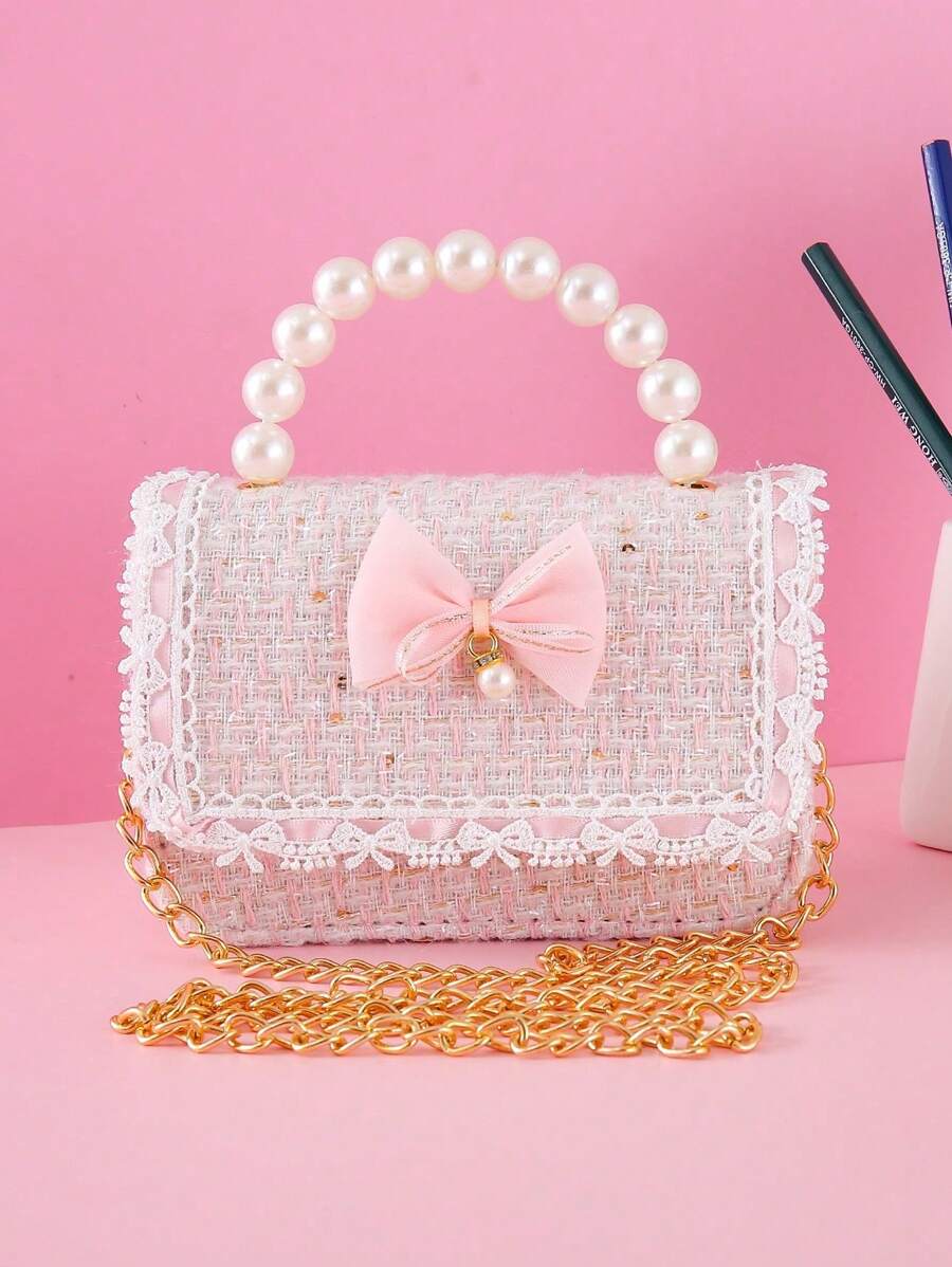 1 件儿童串珠手提包蕾丝花边装饰蝴蝶结吊坠珠子贴花亚麻亮片材料带扣封口可爱单肩包斜挎包公主包适合节日和日常使用 - 棉麻小蝴蝶結吊珠 - 查看 1