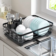 NetHong 1/2 Tier Dish Drainer Rack Cutlery Holder Plate Rack Kitchen Sink With Drip Tray Kitchen Organization - Black - View 2