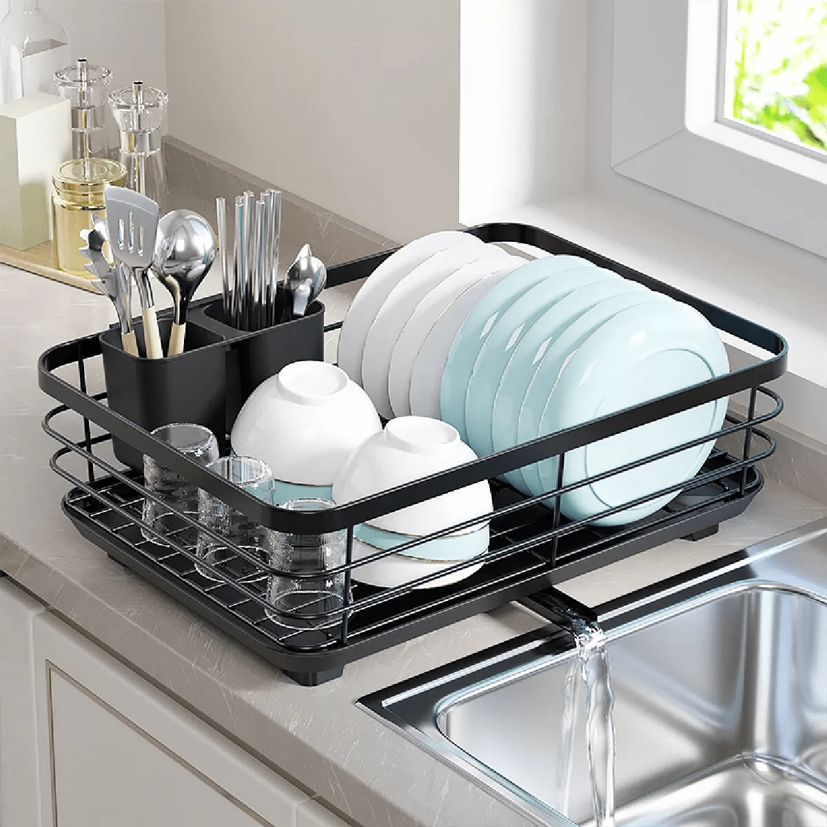 NetHong 1/2 Tier Dish Drainer Rack Cutlery Holder Plate Rack Kitchen Sink With Drip Tray Kitchen Organization