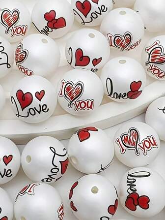 15pcs Assorted Romantic Valentine's Day Acrylic Round Beads, 0.63 Inch Hole Beads, Ideal For DIY Jewelry Making And Holiday Decorations, Phone Charms, Keychain And Pen Decorations, Variety Styles Available