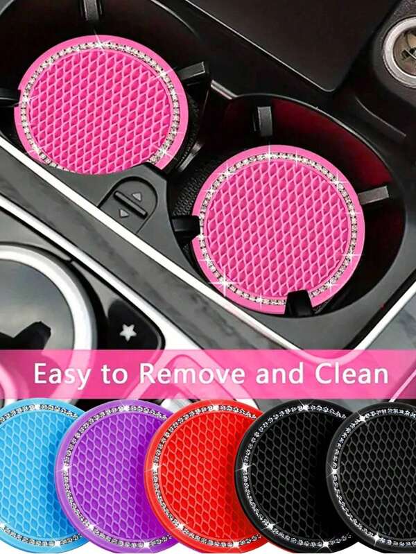 1 pieza/2 piezas Posavasos para el coche, inserto de posavasos brillante para portavasos, posavasos universales antideslizantes para portavasos integrados en adornos de silicona, tapete de accesorios para el interior del automóvil, juego de posavasos redondos de goma con cristales de Rhinestone suaves de 7cm/2.75 pulgadas para accesorios interiores del automóvil