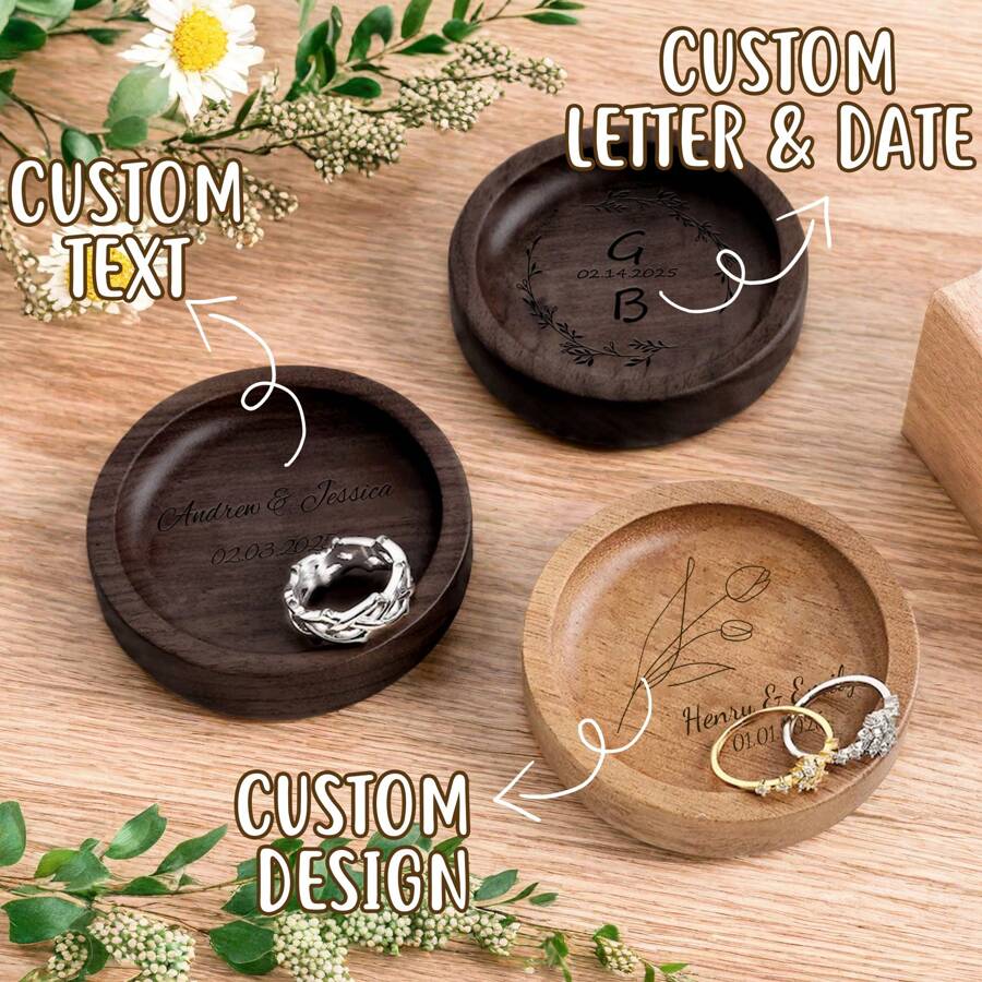 1pc Personalized Custom Ring Tray - Round Walnut Ring Tray, Laser Engraved Name - Suitable For Weddings, Engagement, Valentine's Day, Anniversary, Party, Birthday Gifts - Acacia Wood - View 1