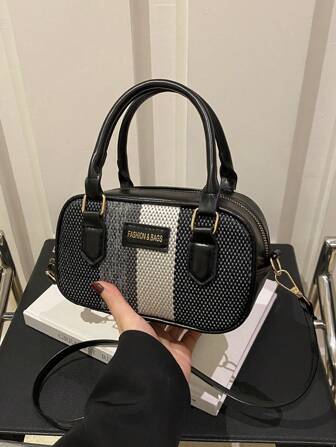 Vintage Striped Contrast Color Handbag, 2025 New Simple Fashion Bowling Shoulder Tote Bag For Women