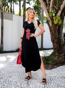 Long Dress Short Sleeve Fashion Comfy Super Comfortable With Pocket - 黑色 - 查看 5