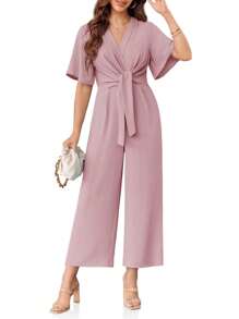 Larisa Womens Wide Leg Jumpsuit Short Sleeve Tie Knot Front Summer Long Romper Stylish Outfit - Hồng - Xem 2
