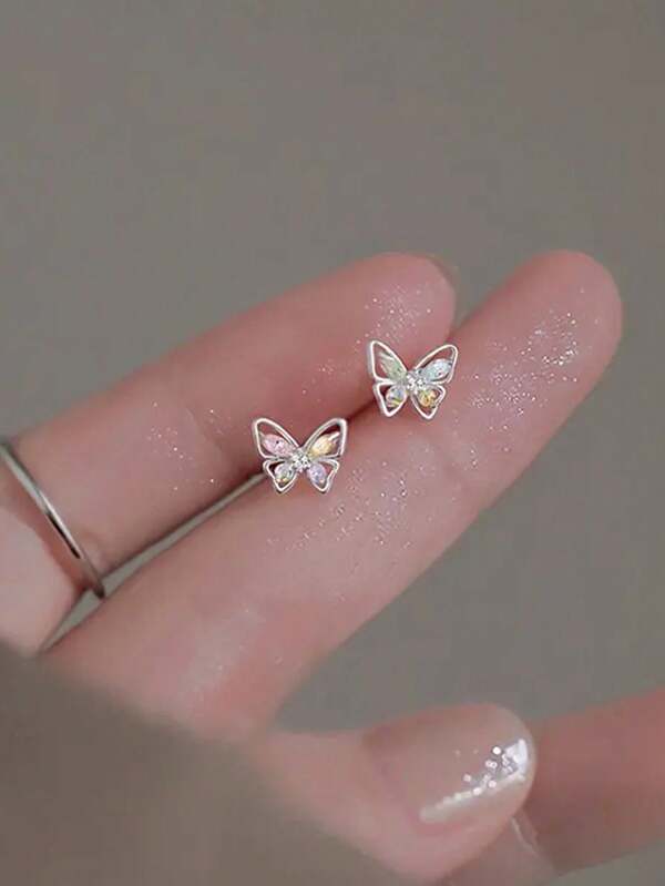 eTel LiKe 可爱昆虫迷你蝴蝶耳钉 - 时尚夏季系列，配彩色方晶锆石