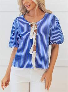 Blue Stripe Tied Front Puff Short Sleeve Blouse - Blue - View 1