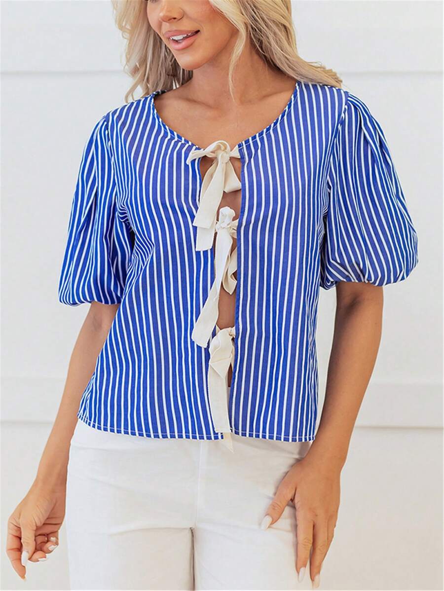 Blue Stripe Tied Front Puff Short Sleeve Blouse - Blue - View 1