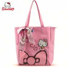 Sanrio حقيبة كانفاس واسعة السعة مع بطانة نايلون، بتصميم نقطي، بطبعات كرتونية أنمي جذابة، بسحاب إغلاق، سهلة العناية، حقيبة كتف عصرية