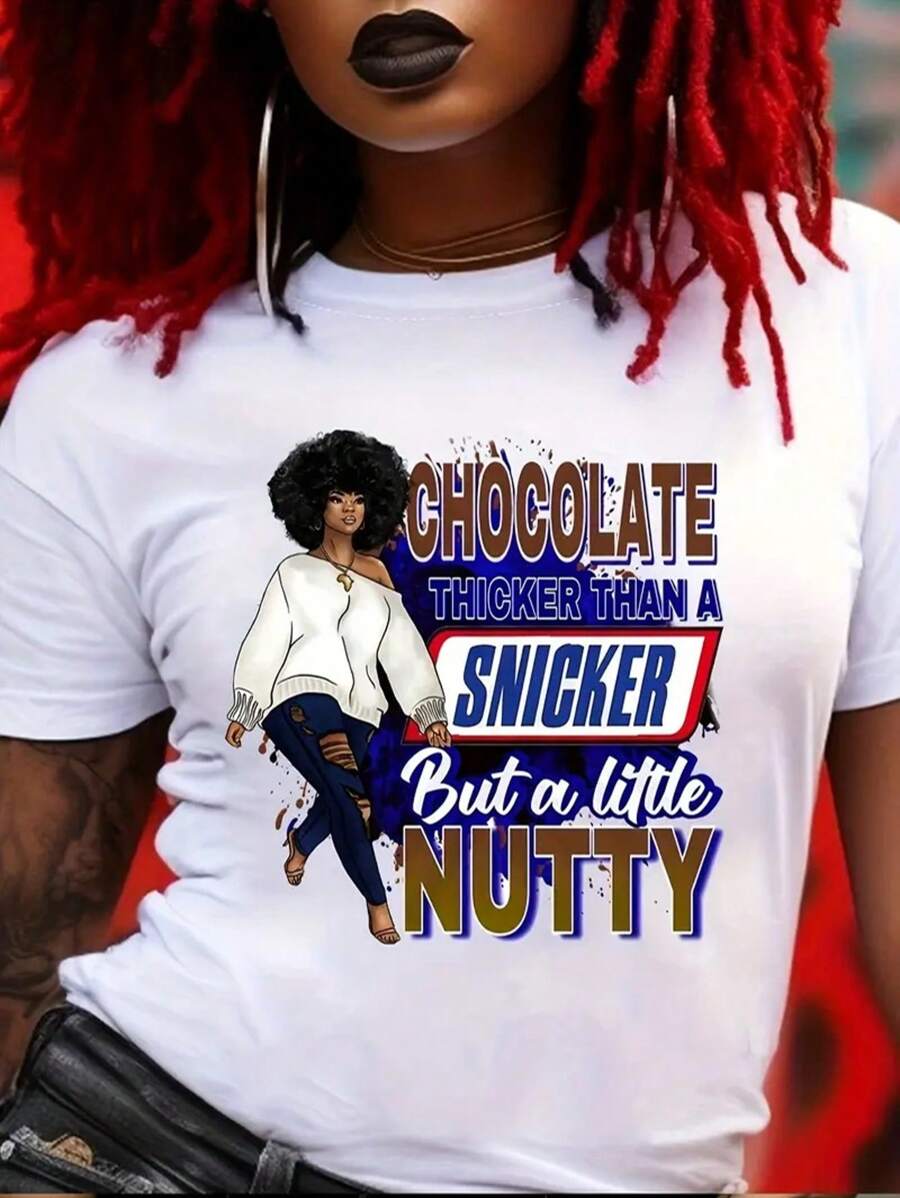 [Breathable Fabric] Women's "Chocolate Thicker Than A Snicker But A Little Nutty" Graphic Tee - Casual Crew Neck, Short Sleeve, Breathable Polyester, Regular Fit - Perfect For Spring & Summer - trắng - Xem 1