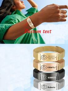 1 pieza Brazalete personalizado de acero inoxidable con malla, estilo minimalista y de moda, con texto personalizado grabado por láser, 20mm de ancho, para hombres y mujeres - etiquetado medico - Ver 3