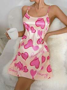 Women's Pink Heart Camisole Non-Elastic Jersey Nightgown