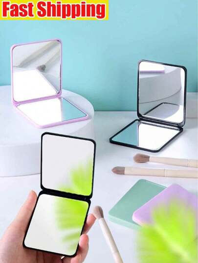 1PC 小巧方形纯色化妆镜 口袋化妆镜 双面手持便携折叠镜 迷你化妆镜 口袋小镜子 便携折叠手持镜 穿衣小镜子 女随身携带 学生宿舍桌面台式小镜子