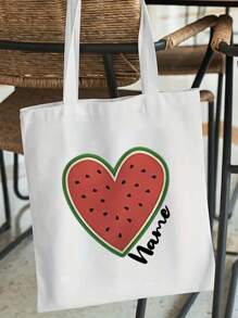 1pc Personalized Custom Name Watermelon Heart Canvas Tote Bag, Large Capacity Shoulder Bag For Women, Reusable Shopping Bag, Washable, Suitable For Travel And Daily Commuting, A Must-Have For Summer Beach Vacation
