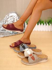 New Red Women's Platform Wedge Open Toe Sandals, Colorful Block Hollow-Out Slide Slippers, Casual Summer Outdoor Style, Hollow Design, Suitable For Indoor & Outdoor Activity, Fashionable Wedge Heel Design Women Shoes