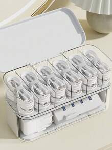 1pc Desktop Data Cable Storage Artifact Mobile Phone Charger Charging Cable Sorting Grid Winder Power Cord Storage Box - White - View 3
