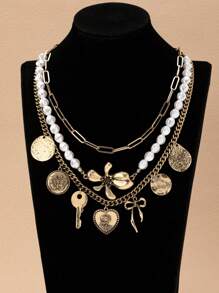 Women Layering Faux Pearl Beaded Necklace Heart Key Bow Charm Necklace , Layered Vintage Necklaces Set , Chunky Chain Necklaces - Multicolor - View 2