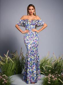 Mgiacy-Floral New Arrival Off Shoulder Romantic Bridesmaid Dress Printed Ruffle Chiffon Long Dress - Blue - View 3