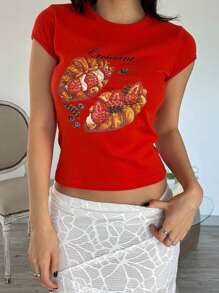 Women's Short Sleeve T-Shirts Floral/Croissant Pattern Round Neck Summer Cute Casual Tops