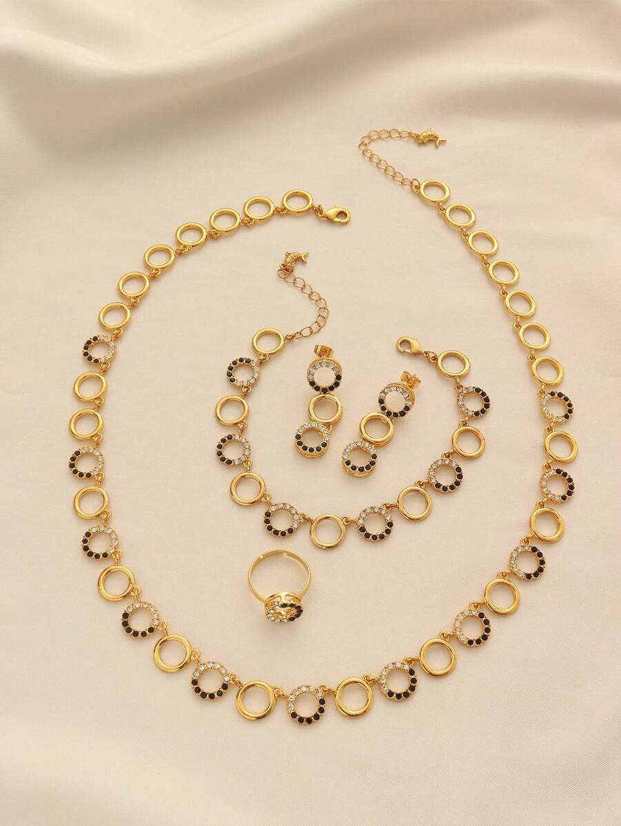 1 Set Luxury Elegant Gold Plated Brass Rhinestone Encrusted Circle Linked Necklace, Bracelet, Earrings & Ring, Jewelry Set Suitable For Women, Daily Wear Or Gift