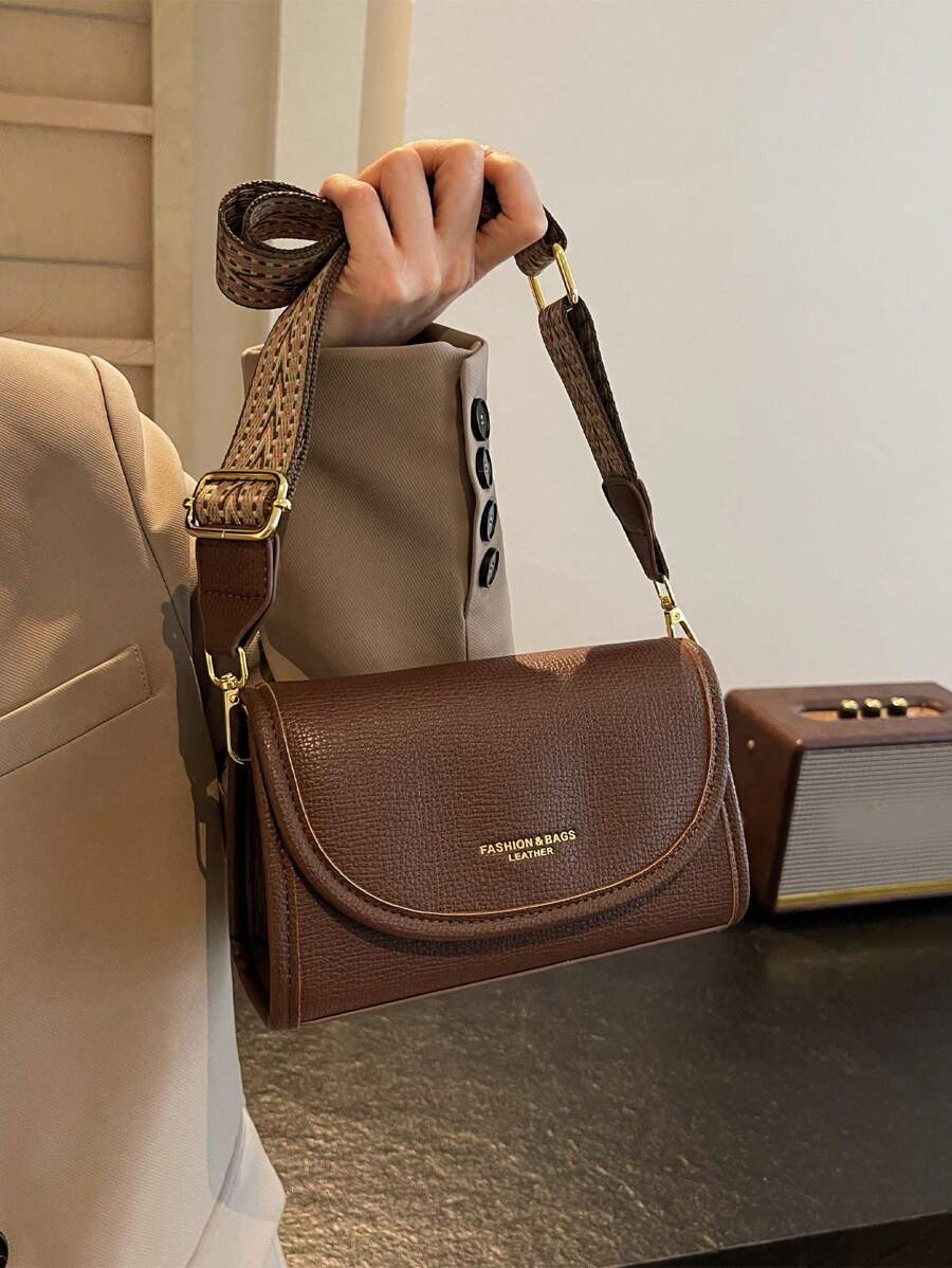 Bolso de hombro cuadrado de correa ancha estilo vintage chic - Bolso cruzado con solapa de unicolor y elegante con correa ajustable para mujeres - Perfecto para uso diario y viajes