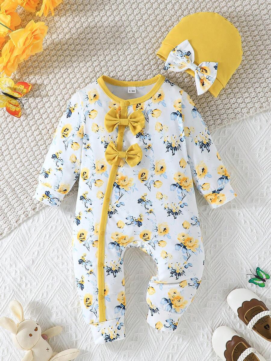 Baby Girl Long Sleeve Cute Print Button Romper + Hat - Yellow - View 1