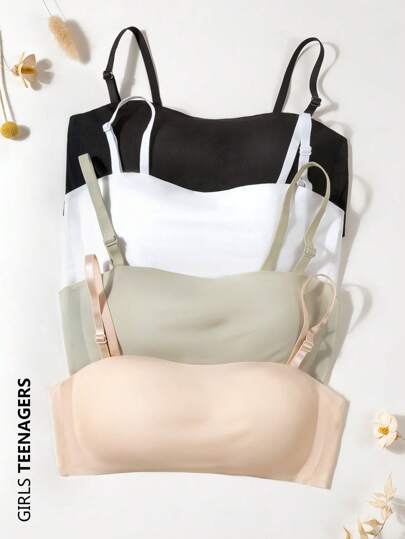 4PCS Teen Girl Strapless Bra, Comfortable Teen Full Coverage Underwear, Free 1 Pair Of Straps, Suitable For 13Y-16Y