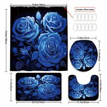 4 件蓝玫瑰浴帘套装、精致装饰浴帘、艺术装饰浴帘、浴室装饰浴帘、防水面料浴室装饰帘 12 个挂钩、防滑浴垫、马桶垫套装、浴室垫、马桶座垫、防滑 U 型垫、12 个挂钩浴帘、70.8 英寸 X 70.8 英寸秋季装饰浴室配件返校 - 彩色 - 查看 3