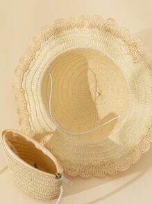 2pcs/Set White Summer Wave Beach Sun Hat & Straw Crossbody Wallet Set, Sweet Style For Daily, Holiday, And Travel