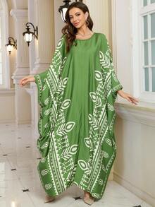 Vestido modesto estilo árabe con estampado floral retro, cuello redondo y manga tipo murciélago para mujer