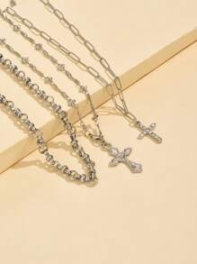 3pcs/Set Popular Handmade Silver Chain Necklace Set, Fashion Simple Cross Pendant Necklace, Y Style Clavicle Chain Jewelry, Suitable For Daily Wear & Photo Shoots. Handmade Chains Can Be Cut To Desired Length. - Silver - View 4