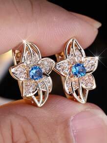 1 Pair Cute Multi-Color Cubic Zirconia Flower Hoop Earrings, Charming Wedding Jewelry Gift For Women