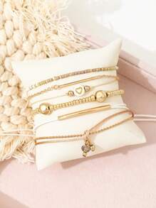 Set de 6 piezas de pulseras ajustables de estilo bohemio con cuentas trenzadas con forma de corazón - Dorado - Ver 2