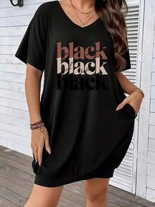 Plus Size Women Sukienka T-shirtowa z dekoltem w serek i krótkim rękawem w jednolitym kolorze, w rozmiarze XXL