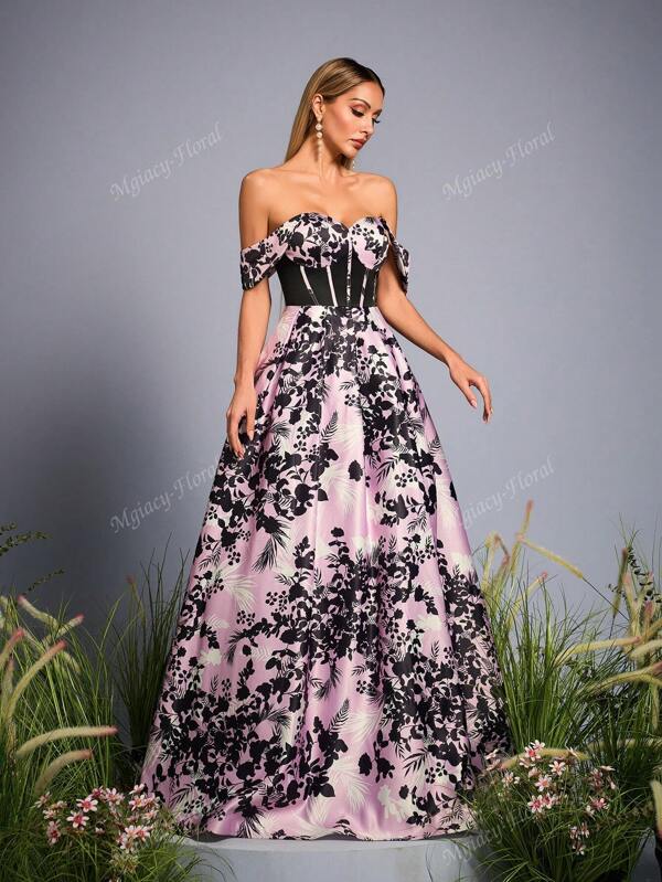 Vestido de Dama de Honra Romântico Novidade Mgiacy-Floral com Ombros de Fora, Vestido Estampado em Cetim Pregueado em Linha A