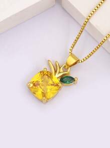 1pc Valentine's Day Colorful Zirconia 18k Gold Plated Copper Pineapple Pendant Necklace, Luxury Jewelry Gift For Women,Mom,Mother,Mother's Day,Gift - Gold - View 4