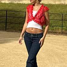 Floral Lace Shrug Top For Women's Tie Front Top Ruffled Hem Office Sheer Crop Bolero Cardigan,Can Be Wear Front Back - Red - View 5