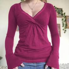 Women Y2k Fairy Grunge Shirts Crop Tops Vintage Long Sleeve V Neck Basic Slim Fit T Shirt Going Out Blouse Tops Streewear 2000s E-Girl Harajuku Aesthetic Clothes Spring Fall Summer Outfit - 玫紅色 - 查看 1