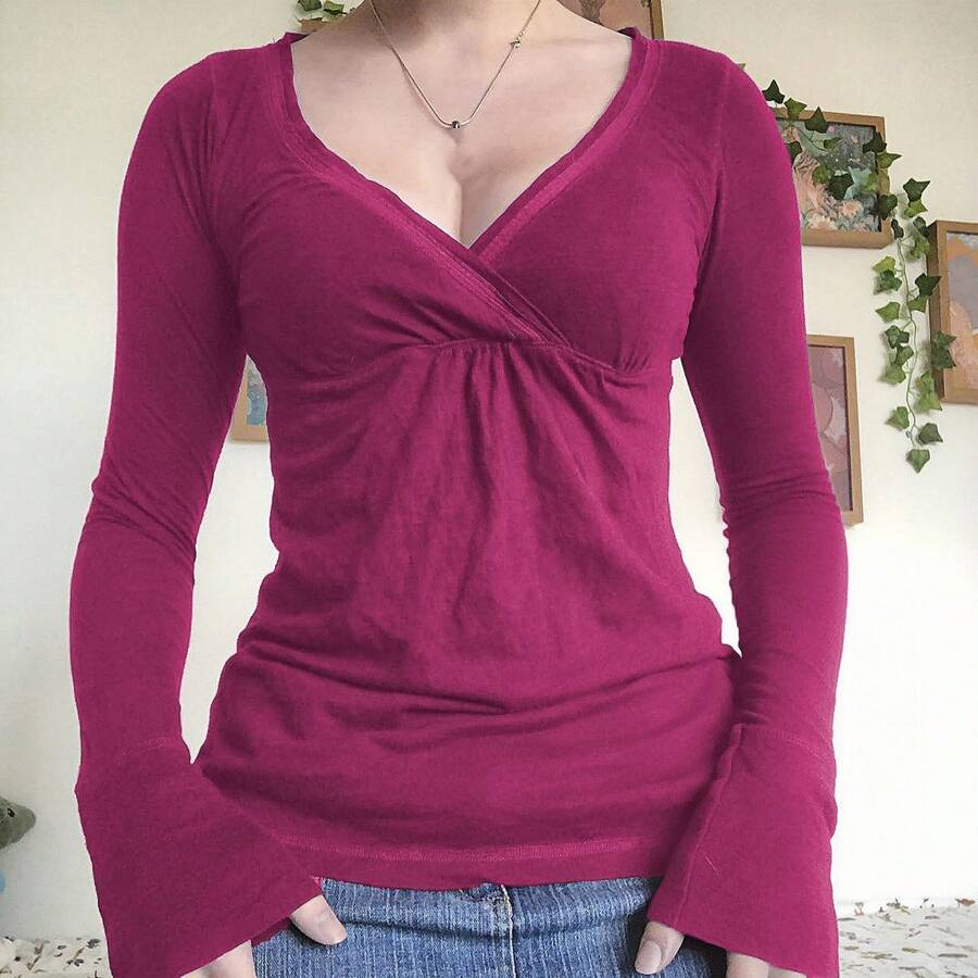 Women Y2k Fairy Grunge Shirts Crop Tops Vintage Long Sleeve V Neck Basic Slim Fit T Shirt Going Out Blouse Tops Streewear 2000s E-Girl Harajuku Aesthetic Clothes Spring Fall Summer Outfit - 玫紅色 - 查看 1