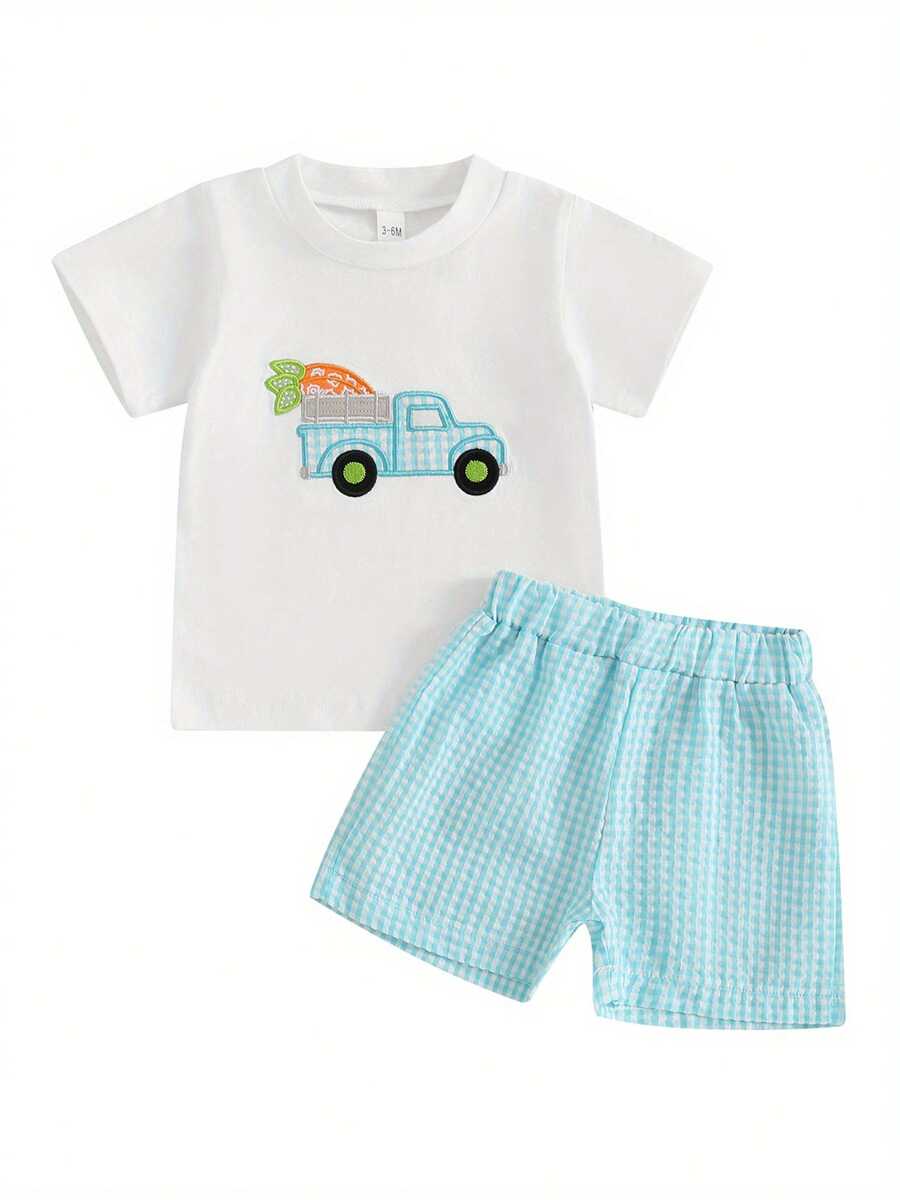 Baby Toddler Boy Easter Outfit Bunny/Carrot Truck Short Sleeve T-Shirt Striped/Plaid Shorts 2 Piece Outfit - Blue - View 1