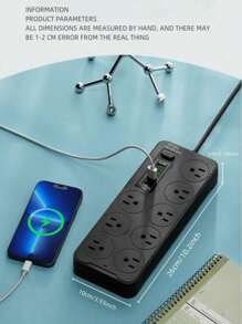 Regleta Cargador Multicontactos Premium Con 8 Salidas 3 Puertos Usb 1 Tipo C Extensiones Negro 12 Tomas 2m American Standard - Tipo de Enchufe B USA (110-127V) - Ver 8