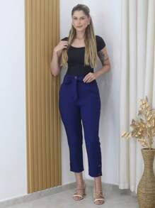 Linen Pants With High Waist Belt - 藏蓝色 - 查看 1