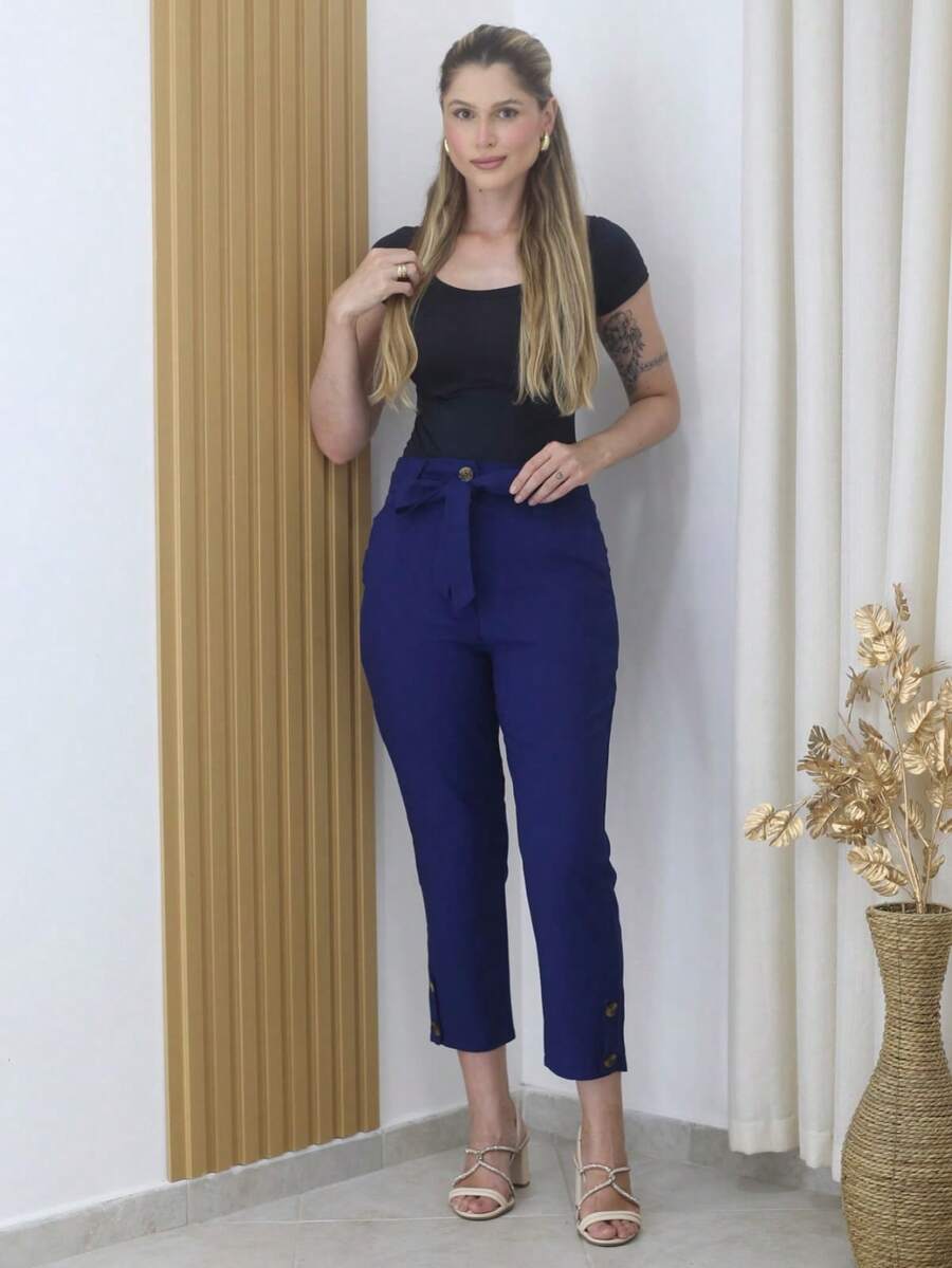 Linen Pants With High Waist Belt - 藏蓝色 - 查看 1