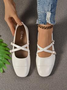 Hatastic 女士玛丽珍平底鞋，春秋季新款交叉绑带圆头休闲乐福鞋，舒适套脚芭蕾舞鞋，少女风圣诞礼物 - 白色 - 查看 6