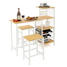 Breakfast Bar Table And Stools Set, 3 PCS Bar Table Set With Glass Holders, Wine Racks, Storage Shelves & Adjustable Foot Pads, Dining Table And 2 Bar Stools For Kitchen, Living Room - Oak - View 7