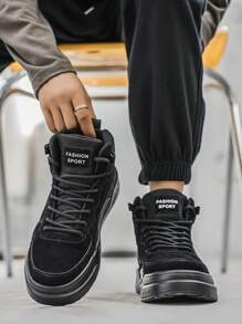 British Style Black PU Skateboard Shoes For Teenagers, Men Black Suede Round Toe High-Top Lace-Up Dress Shoes