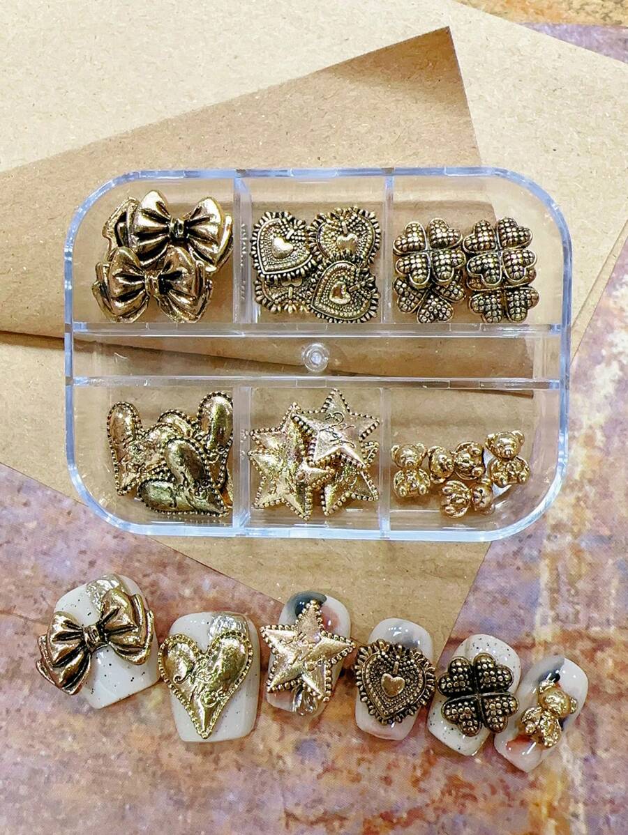 Bronze-Toned DIY Nail Art Kit - 6 Designs (Elongated Heart, Star, Four-Petal Flower, Classic Heart, Bow) With 4 Pieces Per Style, Festive Gift - Bronze - View 1