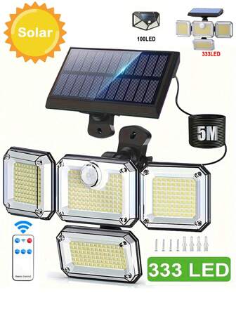 Luces solares para exteriores, luces de camino solares, luces de pared solares para patio, 333 luces LED con control remoto, plegables, 3 modos ajustables, luces con sensor de movimiento (100 LED/333 LED)