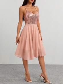 Vestido de cami patchwork de lantejoulas da moda, vestido de noite